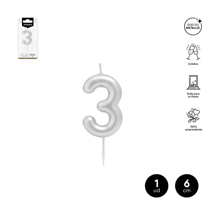 VELA CERA NUMERO 3 PLATA 6 CM | AMBER MOOD OH YEAH | 1 UNIDAD | 28435557729788