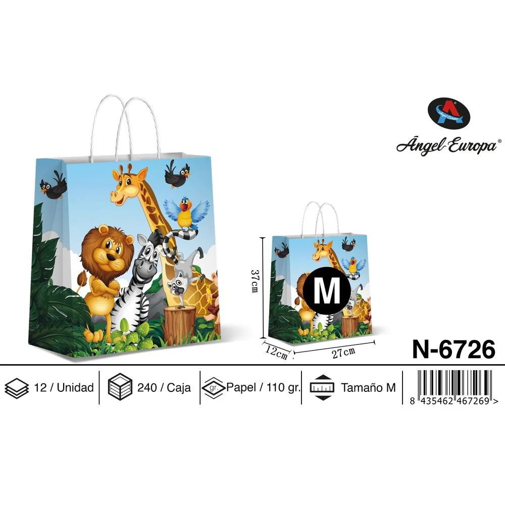 BOLSA PAPEL REGALO ANIMALES EN LA JUNGLA 27X12X37 | ANGEL EUROPA | ENVASE 12 UDS. UNIDAD | 8435462467269