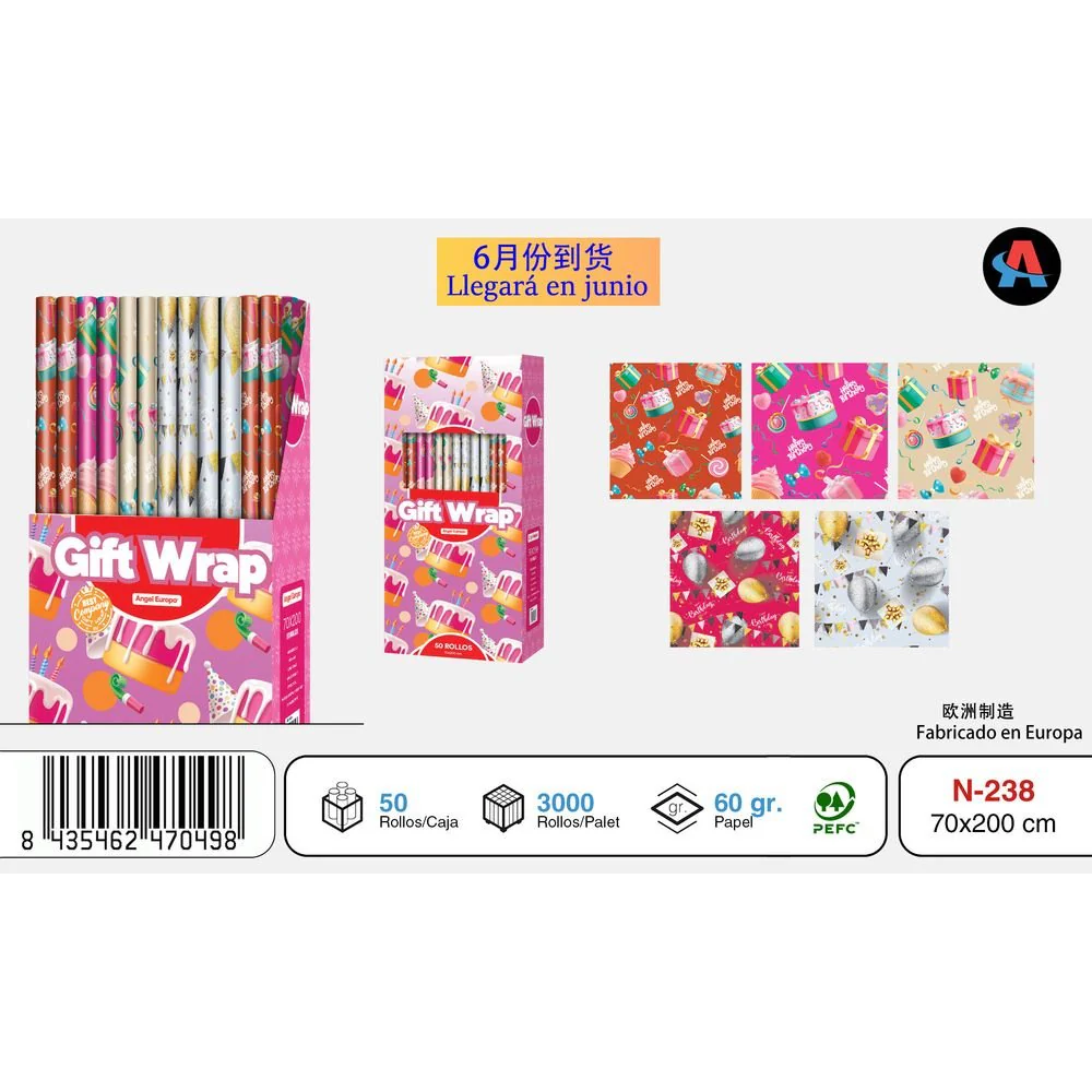 EXPOSITOR 50 ROLLOS PAPEL REGALO 70X200 FIESTAS | ANGEL EUROPA | ENVASE 50 UDS. UNIDAD | 8435462470498